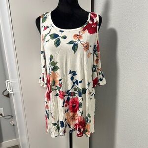 Sun n Moon Floral Cold Shoulder Tunic - Red, Blue, Cream